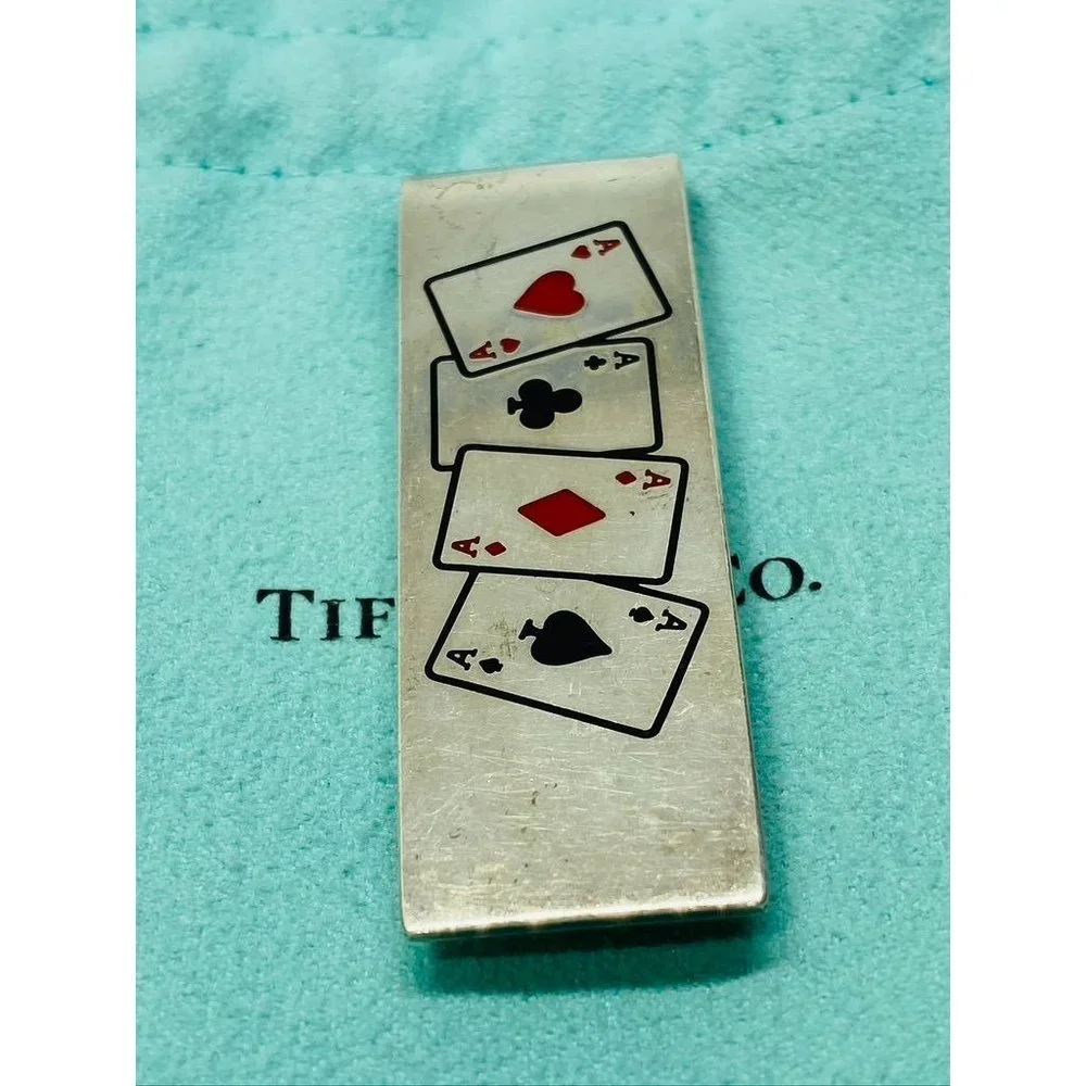 Tiffany & Co Diamond Ace Spade Heart Silver Enamel Poker Card Money Clip